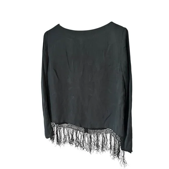 Josephine Chaus Women's Black Floral Embroidery With a  Crocheted Fringe Hem Top - Picture 2 of 8